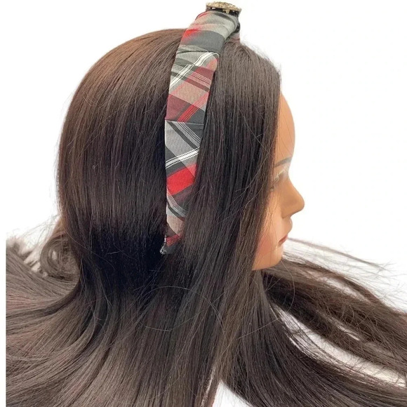 Preppy Bling Red Plaid Silk Headband with Bling Rhinestone Street Style - Picture 3 of 8